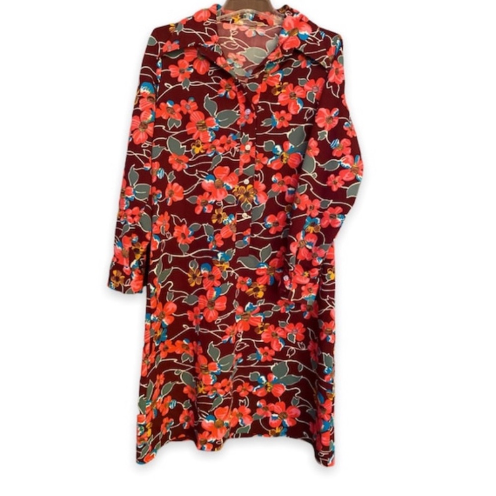 Vintage 1970’s polyester floral mod patterned collared dress multicolor L/XL